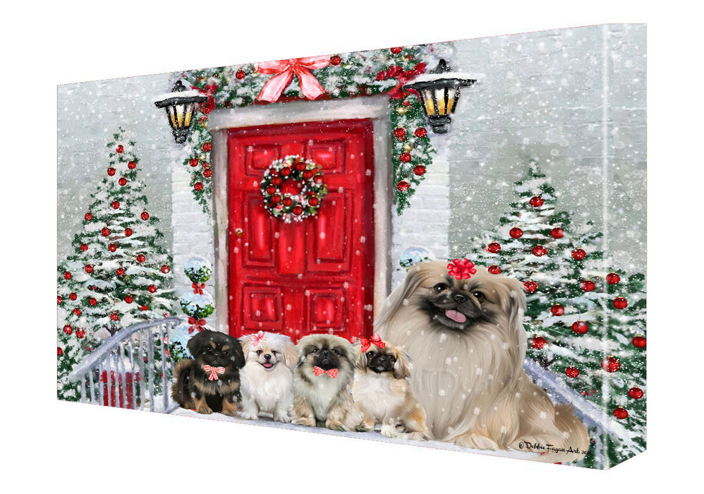 Christmas Holiday Welcome Pekingese Dogs Canvas Wall Art - Premium Quality Ready to Hang Room Decor Wall Art Canvas - Unique Animal Printed Digital Painting for Decoration