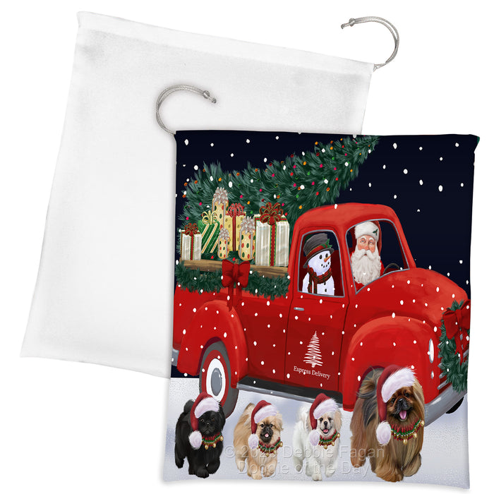 Christmas Express Delivery Red Truck Running Pekingese Dogs Drawstring Laundry or Gift Bag LGB48916