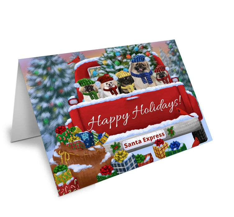 Christmas Red Truck Travlin Home for the Holidays Pekingese Dogs Handmade Artwork Assorted Pets Greeting Cards and Note Cards with Envelopes for All Occasions and Holiday Seasons