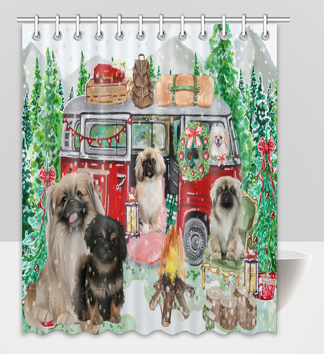 Christmas Time Camping with Pekingese Dogs Shower Curtain Pet Painting Bathtub Curtain Waterproof Polyester One-Side Printing Decor Bath Tub Curtain for Bathroom with Hooks
