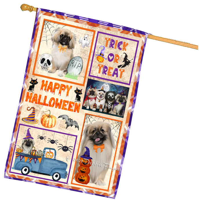 Happy Halloween Trick or Treat Pekingese Dogs House Flag Outdoor Decorative Double Sided Pet Portrait Weather Resistant Premium Quality Animal Printed Home Decorative Flags 100% Polyester