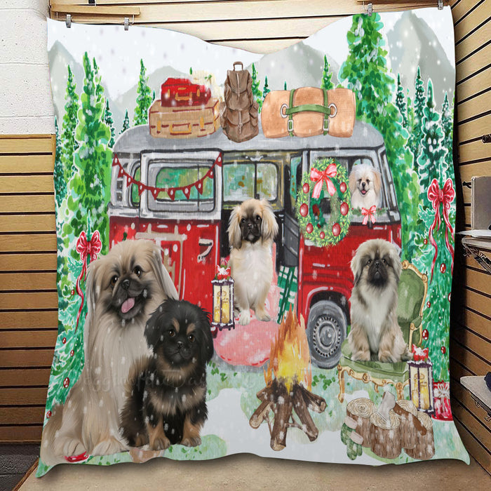 Christmas Time Camping with Pekingese Dogs  Quilt Bed Coverlet Bedspread - Pets Comforter Unique One-side Animal Printing - Soft Lightweight Durable Washable Polyester Quilt