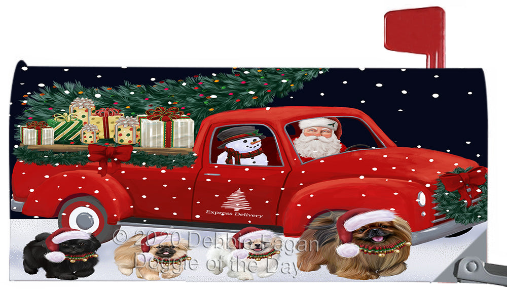 Christmas Express Delivery Red Truck Running Pekingese Dog Magnetic Mailbox Cover Both Sides Pet Theme Printed Decorative Letter Box Wrap Case Postbox Thick Magnetic Vinyl Material