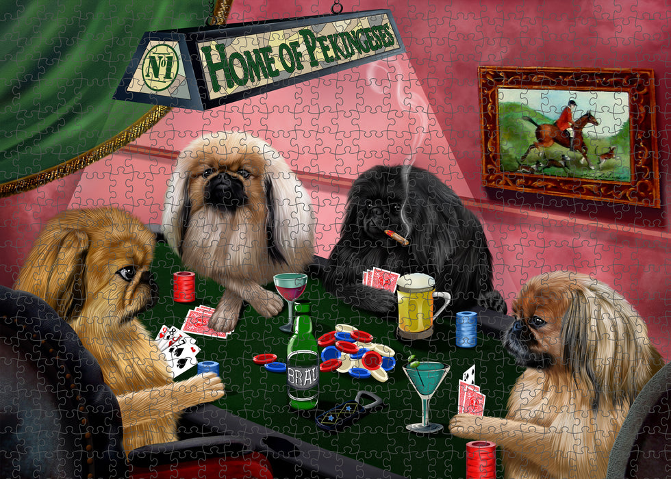 Home of Poker Playing Pekingese Dogs Portrait Jigsaw Puzzle for Adults Animal Interlocking Puzzle Game Unique Gift for Dog Lover's with Metal Tin Box
