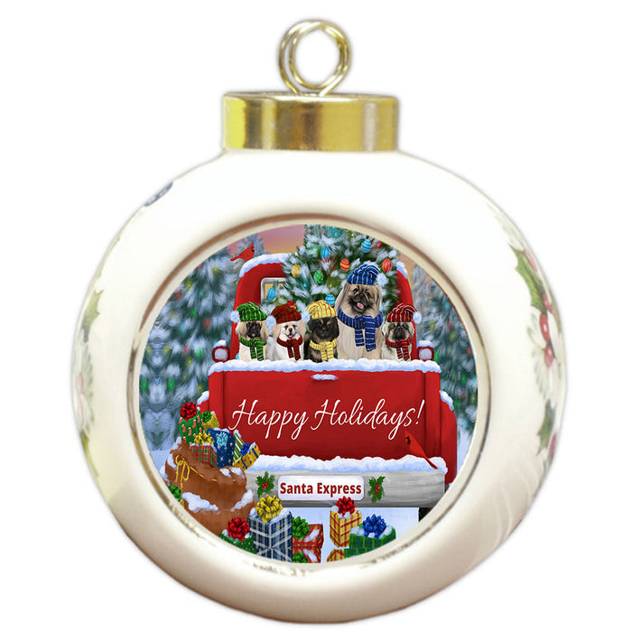 Christmas Red Truck Travlin Home for the Holidays Pekingese Dogs Round Ball Christmas Ornament Pet Decorative Hanging Ornaments for Christmas X-mas Tree Decorations - 3" Round Ceramic Ornament