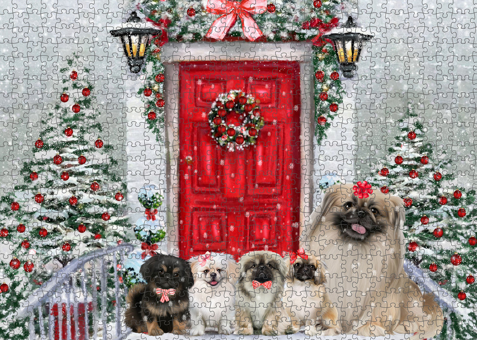 Christmas Holiday Welcome Pekingese Dogs Portrait Jigsaw Puzzle for Adults Animal Interlocking Puzzle Game Unique Gift for Dog Lover's with Metal Tin Box
