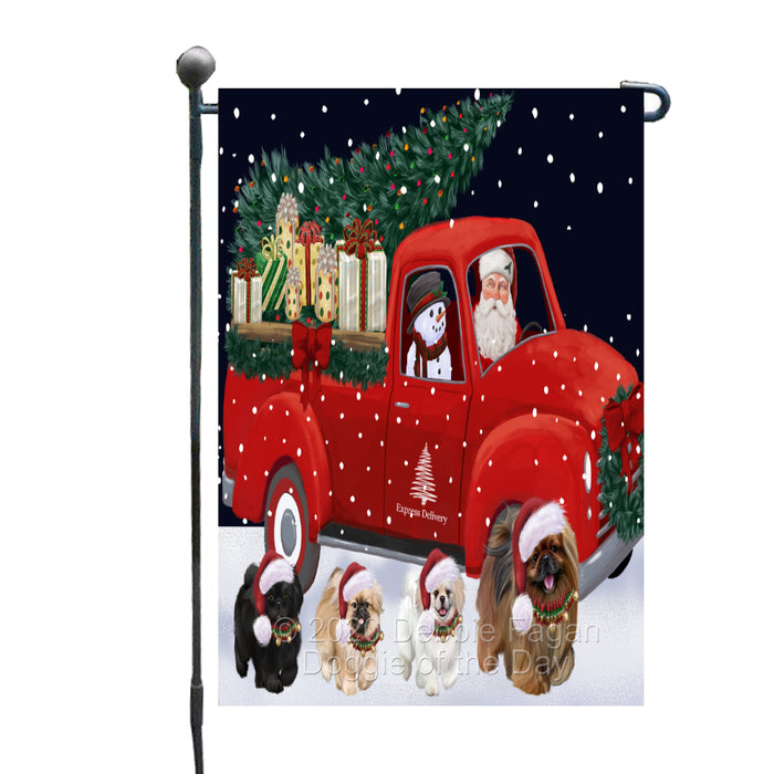 Christmas Express Delivery Red Truck Running Pekingese Dogs Garden Flag GFLG66480