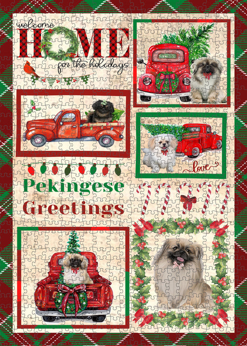 Welcome Home for Christmas Holidays Pekingese Dogs Portrait Jigsaw Puzzle for Adults Animal Interlocking Puzzle Game Unique Gift for Dog Lover's with Metal Tin Box