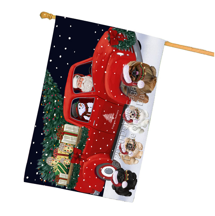 Christmas Express Delivery Red Truck Running Pekingese Dogs House Flag FLG66536