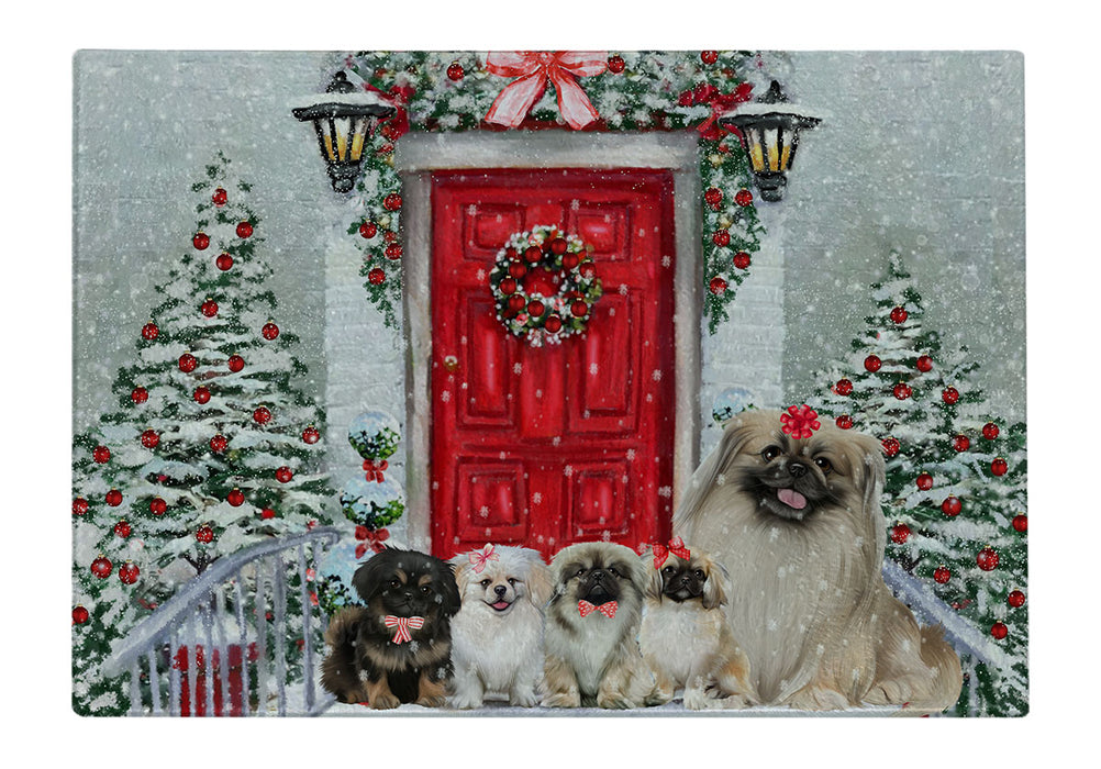 Christmas Holiday Welcome Pekingese Dogs Cutting Board - For Kitchen - Scratch & Stain Resistant - Designed To Stay In Place - Easy To Clean By Hand - Perfect for Chopping Meats, Vegetables