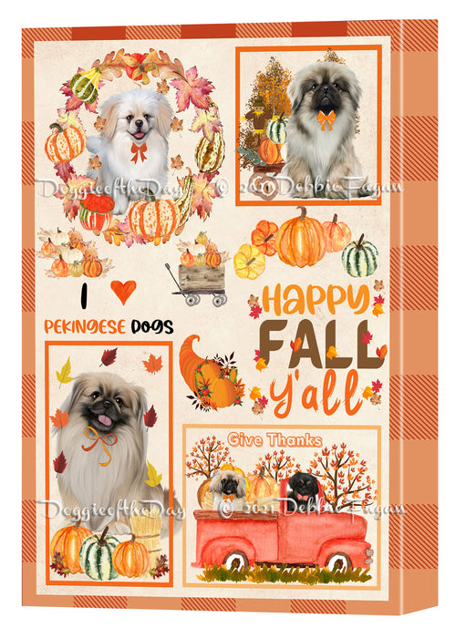 Happy Fall Y'all Pumpkin Pekingese Dogs Canvas Wall Art - Premium Quality Ready to Hang Room Decor Wall Art Canvas - Unique Animal Printed Digital Painting for Decoration