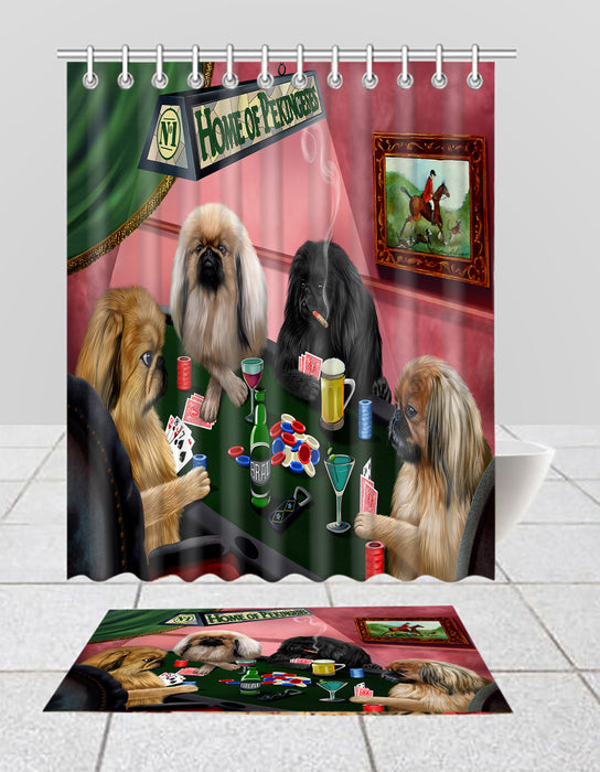 Home of  Pekingese Dogs Playing Poker Bath Mat and Shower Curtain Combo