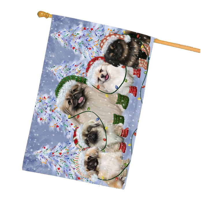 Christmas Lights and Pekingese Dogs House Flag Outdoor Decorative Double Sided Pet Portrait Weather Resistant Premium Quality Animal Printed Home Decorative Flags 100% Polyester