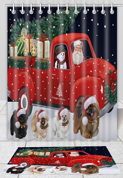Christmas Express Delivery Red Truck Running Pekingese Dogs Bath Mat and Shower Curtain Combo
