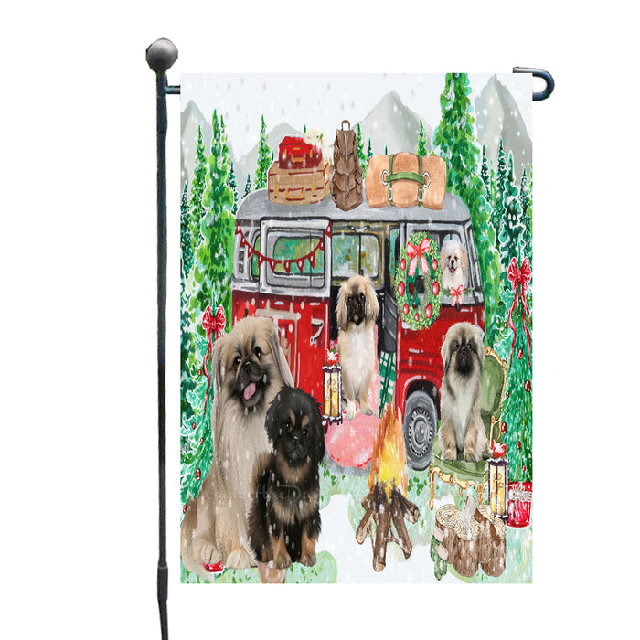 Christmas Time Camping with Pekingese Dogs Garden Flags- Outdoor Double Sided Garden Yard Porch Lawn Spring Decorative Vertical Home Flags 12 1/2"w x 18"h