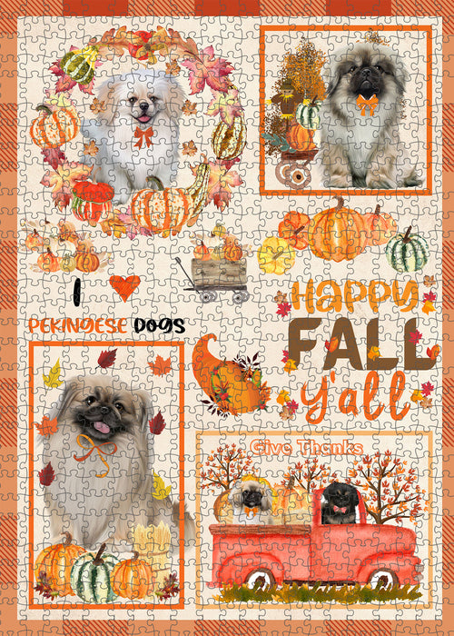 Happy Fall Y'all Pumpkin Pekingese Dogs Portrait Jigsaw Puzzle for Adults Animal Interlocking Puzzle Game Unique Gift for Dog Lover's with Metal Tin Box