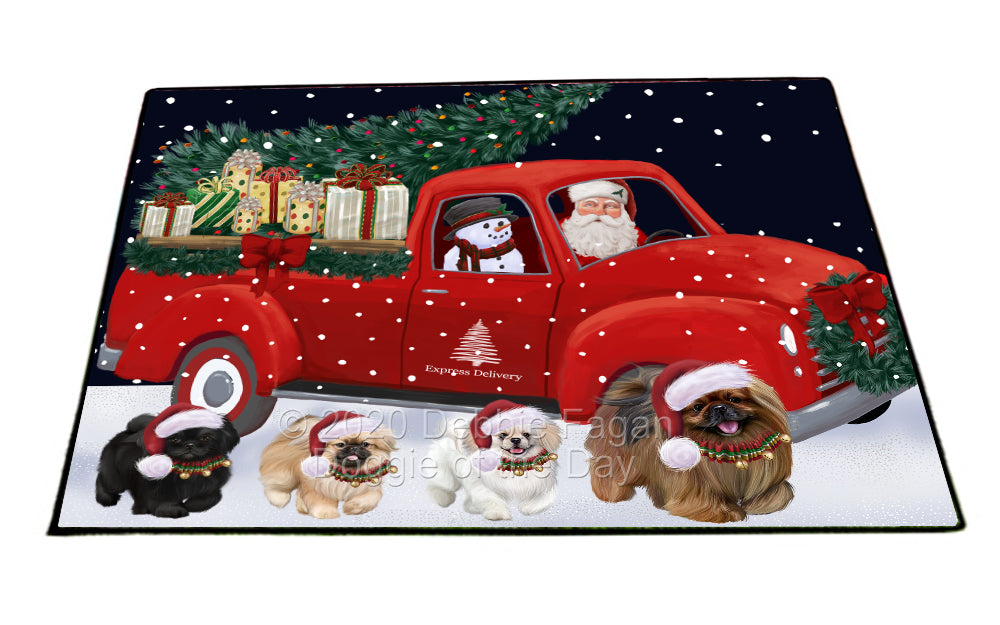Christmas Express Delivery Red Truck Running Pekingese Dogs Indoor/Outdoor Welcome Floormat - Premium Quality Washable Anti-Slip Doormat Rug FLMS56665