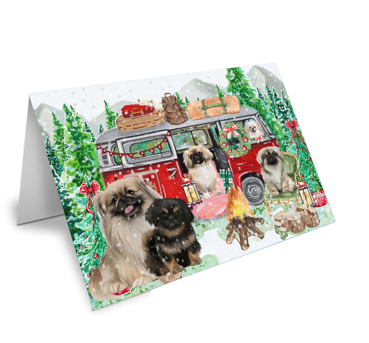 Christmas Time Camping with Pekingese Dogs Handmade Artwork Assorted Pets Greeting Cards and Note Cards with Envelopes for All Occasions and Holiday Seasons