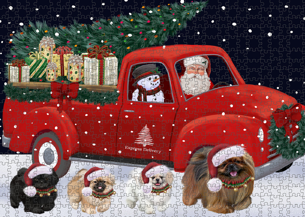 Christmas Express Delivery Red Truck Running Pekingese Dogs Puzzle with Photo Tin PUZL99756