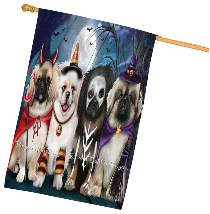 Halloween Trick or Treat Pekingese Dogs House Flag Outdoor Decorative Double Sided Pet Portrait Weather Resistant Premium Quality Animal Printed Home Decorative Flags 100% Polyester