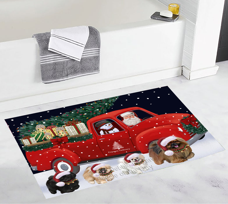 Christmas Express Delivery Red Truck Running Pekingese Dogs Bath Mat BRUG53548