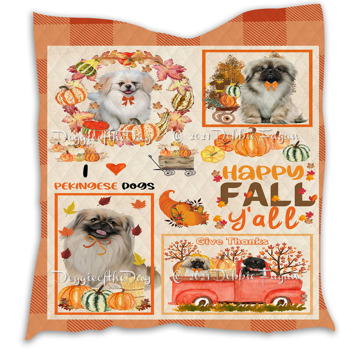 Happy Fall Y'all Pumpkin Pekingese Dogs Quilt Bed Coverlet Bedspread - Pets Comforter Unique One-side Animal Printing - Soft Lightweight Durable Washable Polyester Quilt