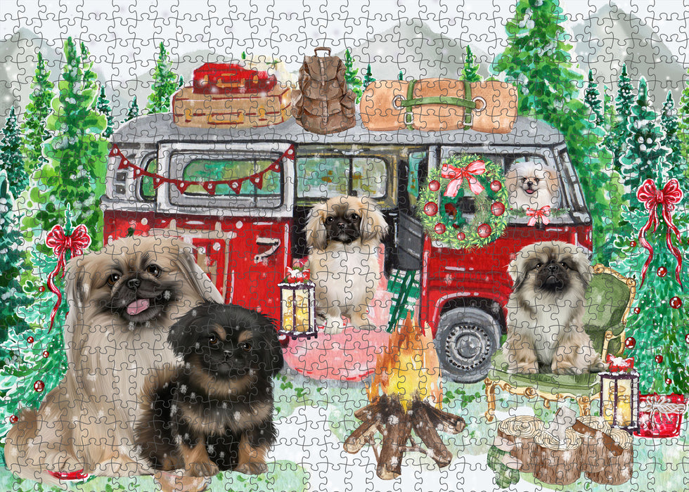 Christmas Time Camping with Pekingese Dogs Portrait Jigsaw Puzzle for Adults Animal Interlocking Puzzle Game Unique Gift for Dog Lover's with Metal Tin Box