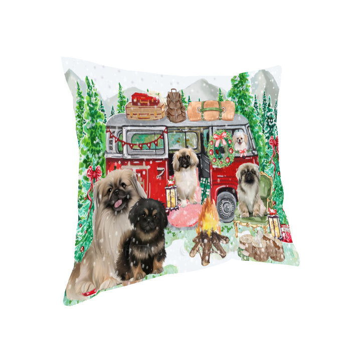 Christmas Time Camping with Pekingese Dogs Pillow with Top Quality High-Resolution Images - Ultra Soft Pet Pillows for Sleeping - Reversible & Comfort - Ideal Gift for Dog Lover - Cushion for Sofa Couch Bed - 100% Polyester