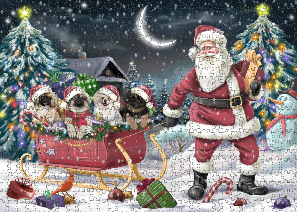 Christmas Santa Sled Pekingese Dogs Portrait Jigsaw Puzzle for Adults Animal Interlocking Puzzle Game Unique Gift for Dog Lover's with Metal Tin Box