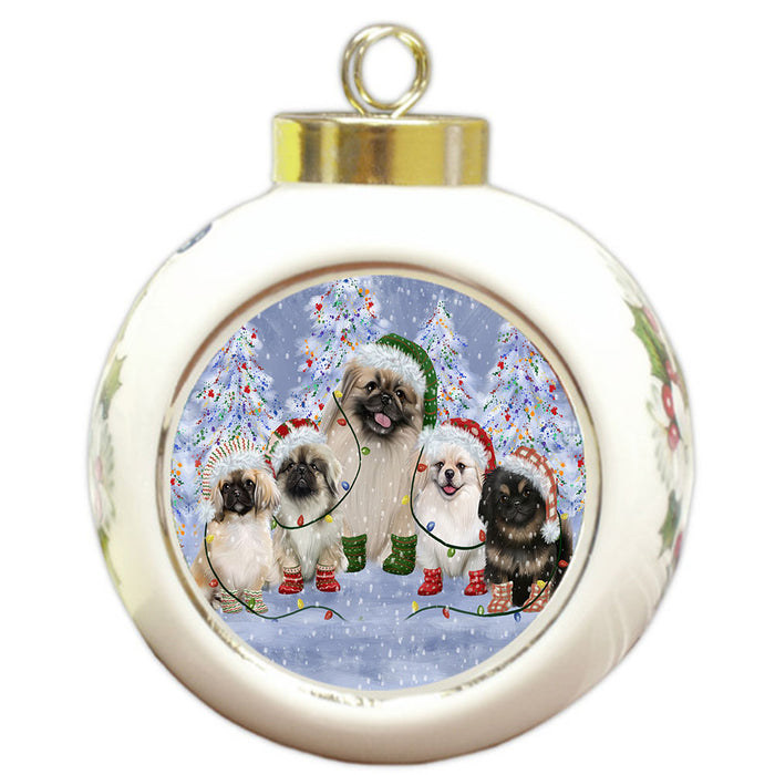 Christmas Lights and Pekingese Dogs Round Ball Christmas Ornament Pet Decorative Hanging Ornaments for Christmas X-mas Tree Decorations - 3" Round Ceramic Ornament