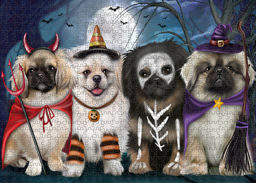 Happy Halloween Trick or Treat Pekingese Dogs Portrait Jigsaw Puzzle for Adults Animal Interlocking Puzzle Game Unique Gift for Dog Lover's with Metal Tin Box