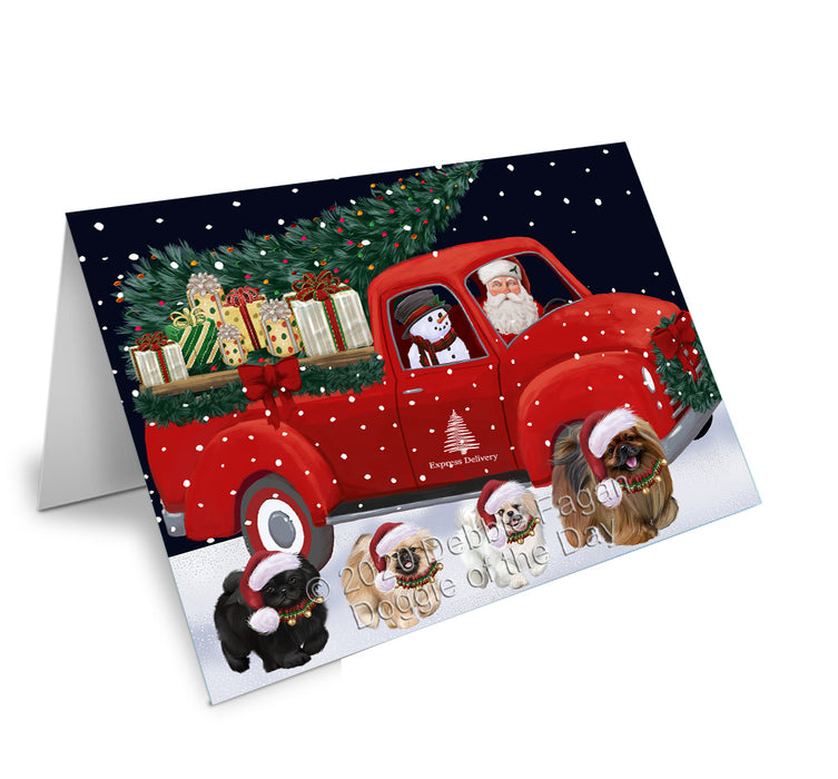 Christmas Express Delivery Red Truck Running Pekingese Dogs Handmade Artwork Assorted Pets Greeting Cards and Note Cards with Envelopes for All Occasions and Holiday Seasons GCD75182