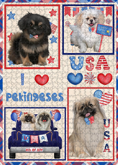 4th of July Independence Day I Love USA Pekingese Dogs Portrait Jigsaw Puzzle for Adults Animal Interlocking Puzzle Game Unique Gift for Dog Lover's with Metal Tin Box