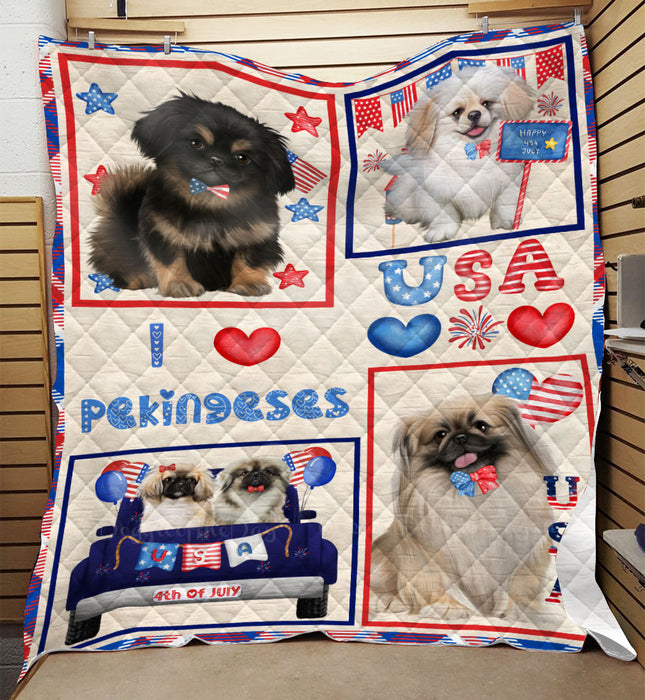 4th of July Independence Day I Love USA Pekingese Dogs Quilt Bed Coverlet Bedspread - Pets Comforter Unique One-side Animal Printing - Soft Lightweight Durable Washable Polyester Quilt
