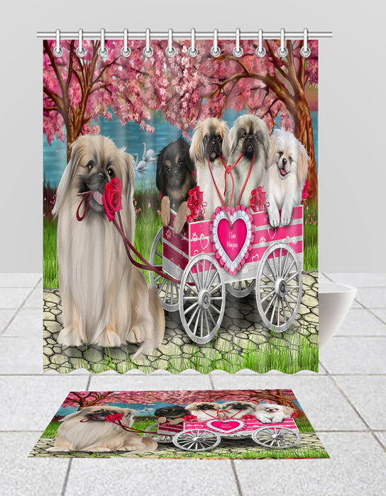 I Love Pekingese Dogs in a Cart Bath Mat and Shower Curtain Combo