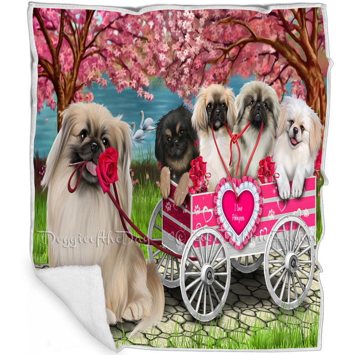 I Love Pekingese Dogs in a Cart Art Portrait Print Woven Throw Sherpa Plush Fleece Blanket