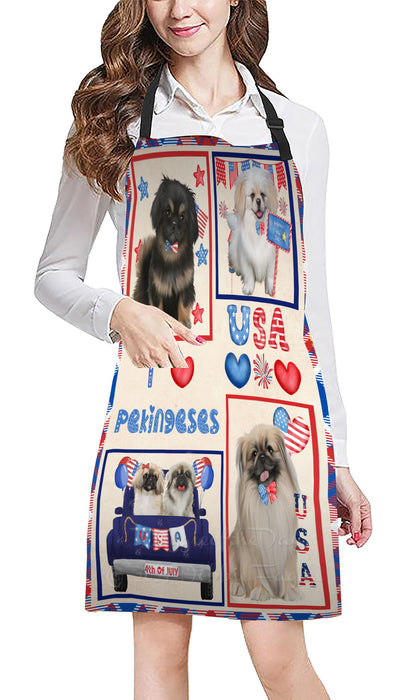 4th of July Independence Day I Love USA Pekingese Dogs Apron - Adjustable Long Neck Bib for Adults - Waterproof Polyester Fabric With 2 Pockets - Chef Apron for Cooking, Dish Washing, Gardening, and Pet Grooming