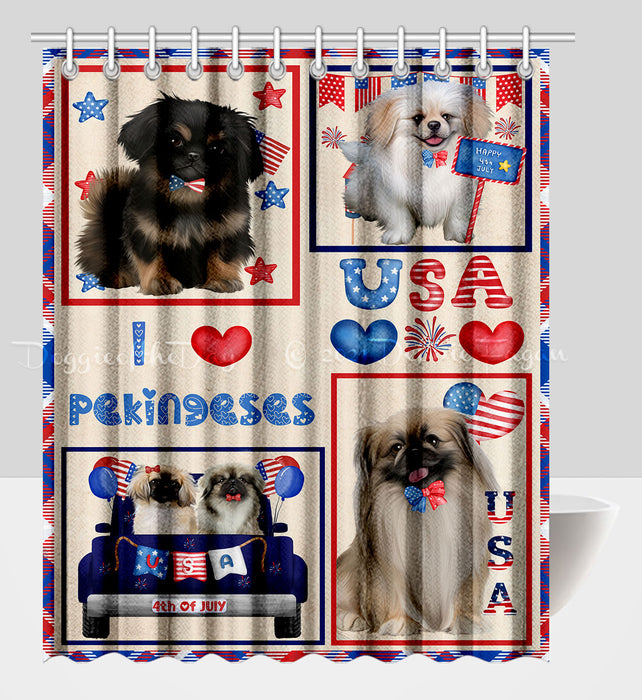 4th of July Independence Day I Love USA Pekingese Dogs Shower Curtain Pet Painting Bathtub Curtain Waterproof Polyester One-Side Printing Decor Bath Tub Curtain for Bathroom with Hooks