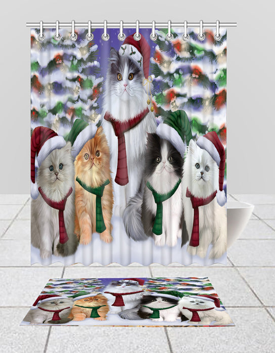 Persian Cats Christmas Family Portrait in Holiday Scenic Background  Bath Mat and Shower Curtain Combo
