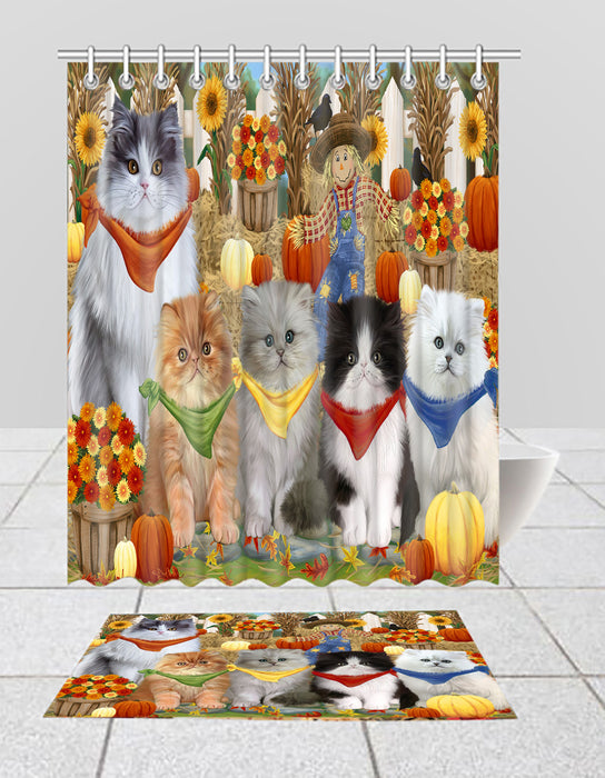 Fall Festive Harvest Time Gathering Persian Cats Bath Mat and Shower Curtain Combo