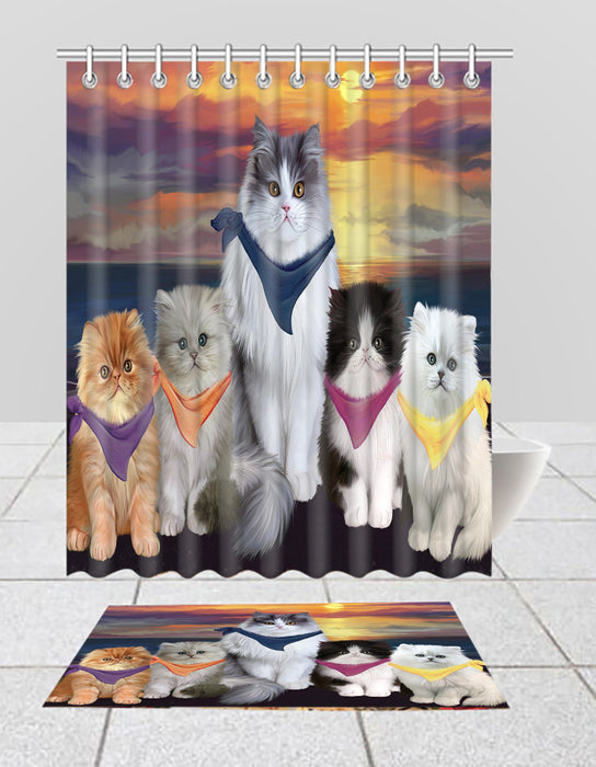 Family Sunset Portrait Persian Cats Bath Mat and Shower Curtain Combo