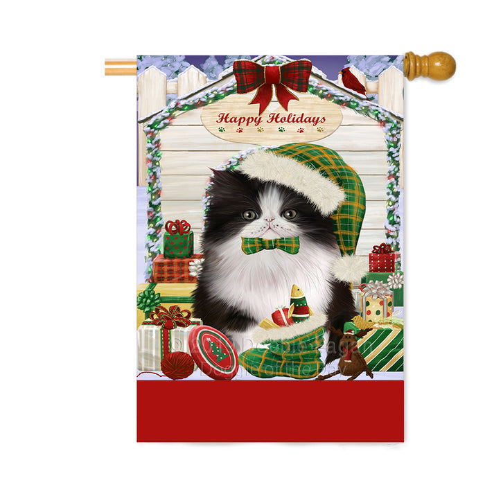 Personalized Happy Holidays Christmas Persian Cat House with Presents Custom House Flag FLG-DOTD-A59402