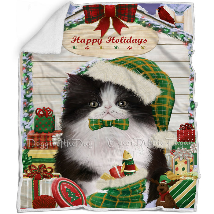 Happy Holidays Christmas Persian Cat House With Presents Blanket BLNKT80040