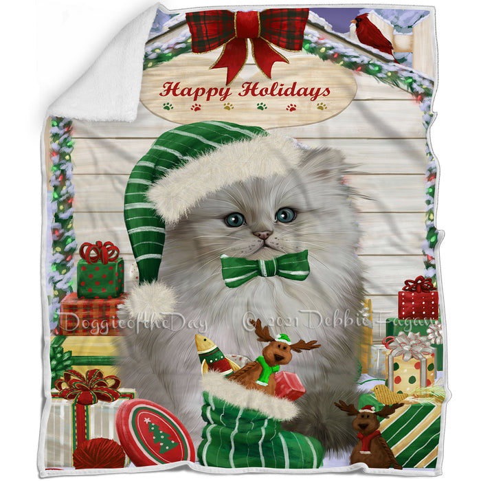 Happy Holidays Christmas Persian Cat House With Presents Blanket BLNKT80049