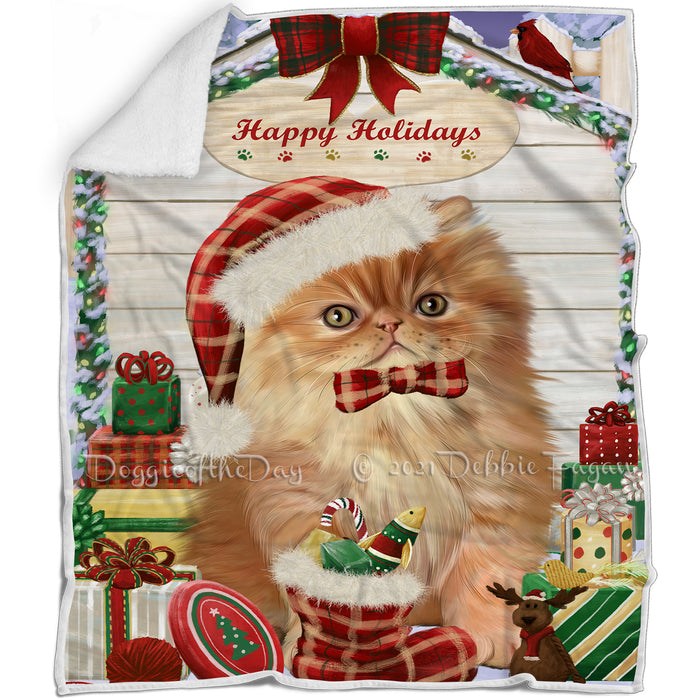 Happy Holidays Christmas Persian Cat House With Presents Blanket BLNKT80058