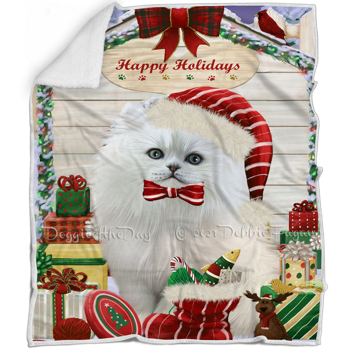 Happy Holidays Christmas Persian Cat House With Presents Blanket BLNKT80067
