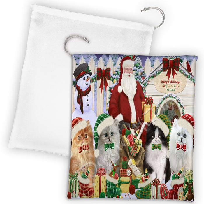 Happy Holidays Christmas Persian Cats House Gathering Drawstring Laundry or Gift Bag LGB48065