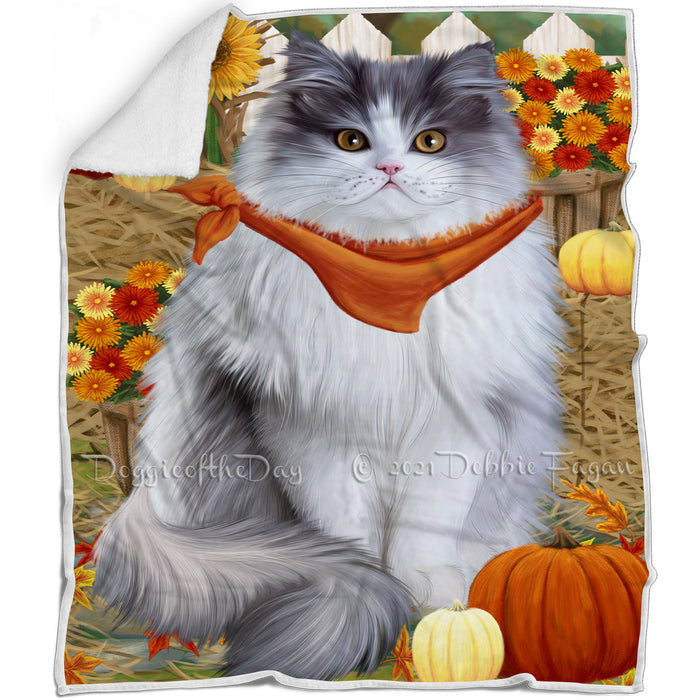 Fall Autumn Greeting Persian Cat with Pumpkins Blanket BLNKT73443