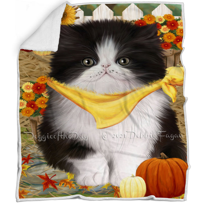 Fall Autumn Greeting Persian Cat with Pumpkins Blanket BLNKT73452