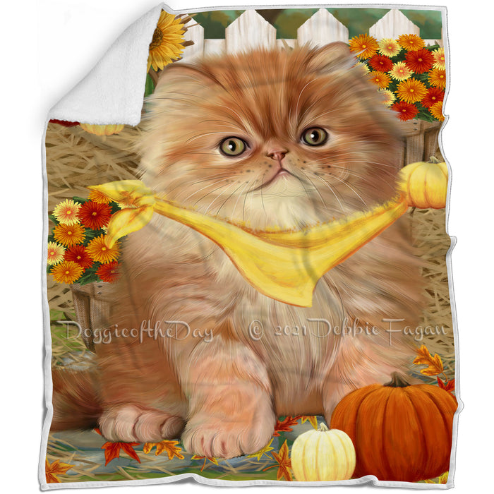 Fall Autumn Greeting Persian Cat with Pumpkins Blanket BLNKT73461
